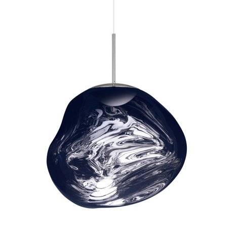 The Lava Medium LED Pendant Light - Smoked features an irregular, organic-shaped shade with glossy black and white marbled swirls, offering energy-efficient lighting on a slim vertical rod against a white background.
