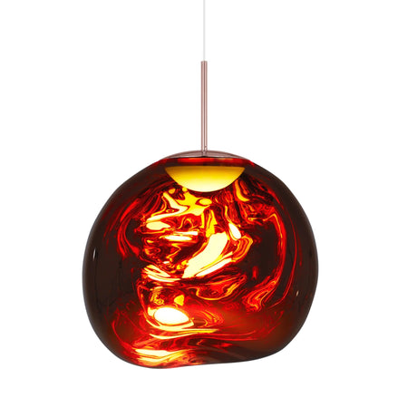 The Lava Medium LED Pendant Light - Copper features a modern, glossy finish with an irregular rounded design and swirling copper marbling. Hanging from a thin white cord, this dimmable fixture brings vibrant style to any space.