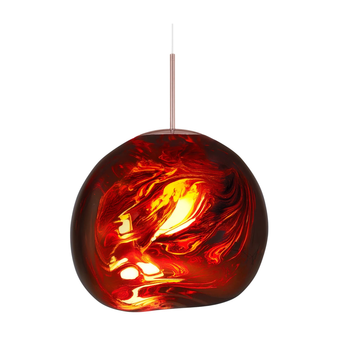 The Lava Medium LED Pendant Light - Copper features a sculptural, modern design with a glossy copper glass shade and swirling patterns, suspended from a thin cord, emitting a warm glow from its central LED light.