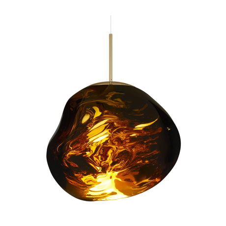 The Lava Medium LED Pendant Light - Gold features an irregular, organic amber glass shade with swirling golden patterns and a bright central light, suspended by a slim rod and white cord—ideal for creating ambient lighting.