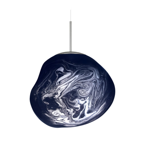 The Lava Medium LED Pendant Light - Smoked Blue is a contemporary fixture featuring a smooth, irregularly shaped smoked blue shade, suspended from a slim metal rod with an adjustable cable.