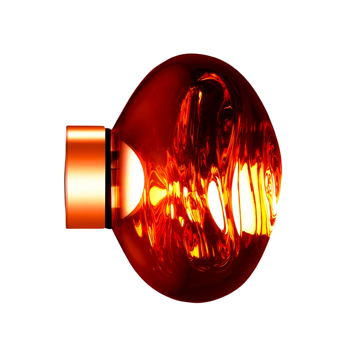 The Lava Small LED Wall & Ceiling Light - Copper is a round, translucent amber glass fixture with a copper-finished shade on the left, set against a white background. It reflects light, creating glowing highlights and molten volcanic swirls inside.