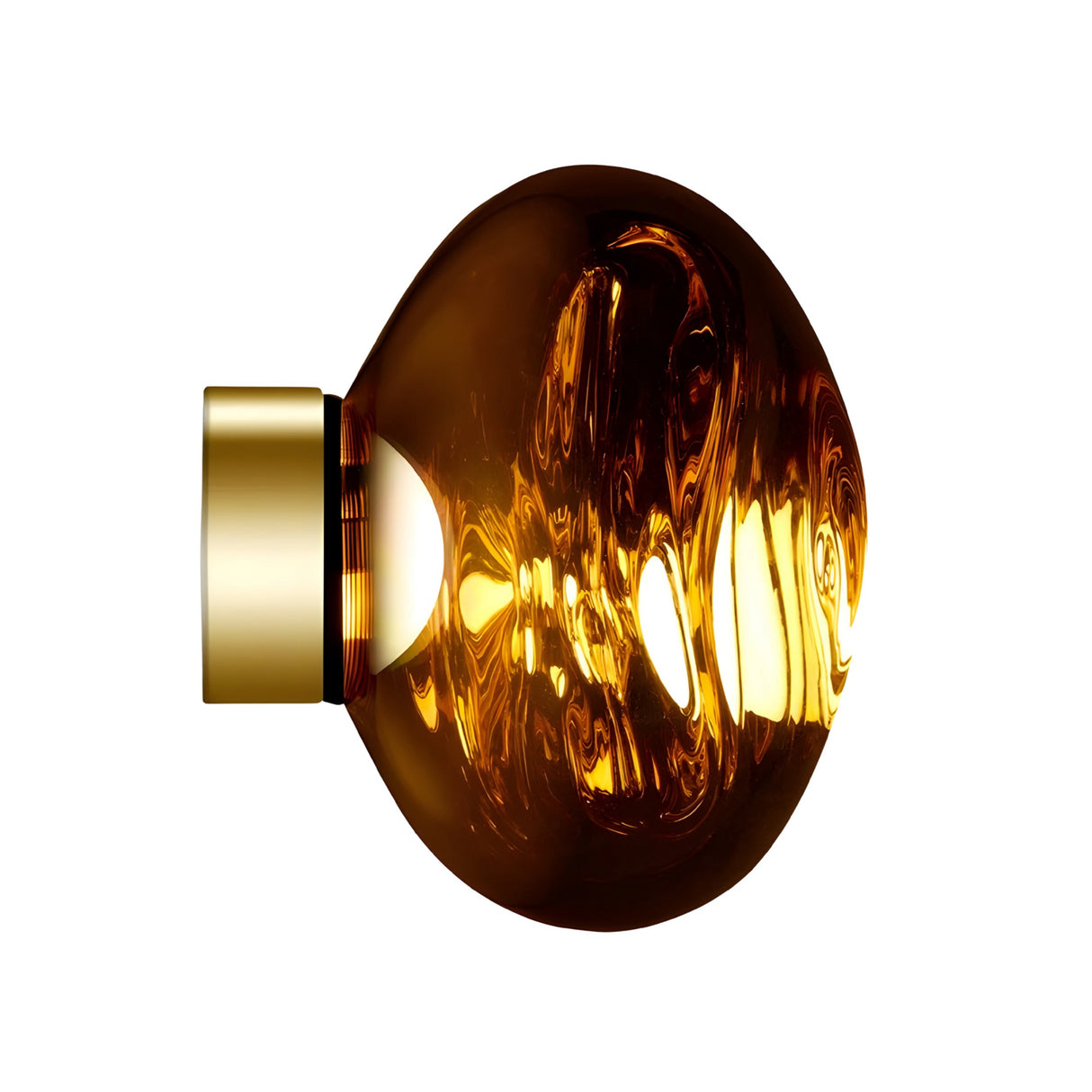 The Lava Small LED Wall & Ceiling Light - Gold features a round, amber glass shade and shiny gold cylindrical base, photographed on a white background. Its swirling reflections add a touch of luxury to any decor.