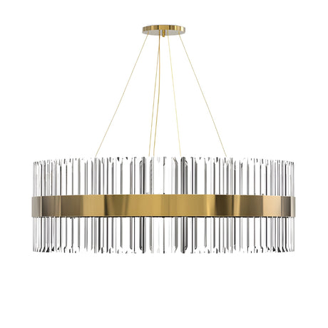 The Liberty LED Crystal Glass Chandelier - Gold features a sleek oval frame with vertical clear glass rods and four thin suspension cables, offering luxurious, contemporary style to elevate any space.