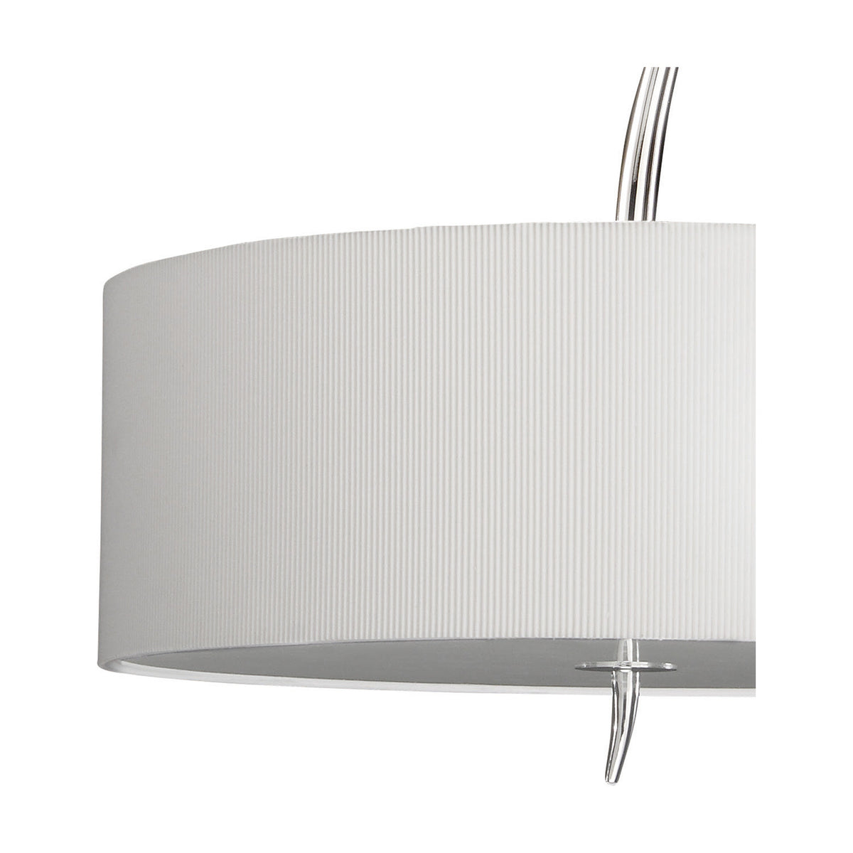 Eve 3 Light E27 Pendant Light 50cm, close-up of the ribbed white drum shade with polished chrome suspension rods and lampholders visible, on a plain white background.