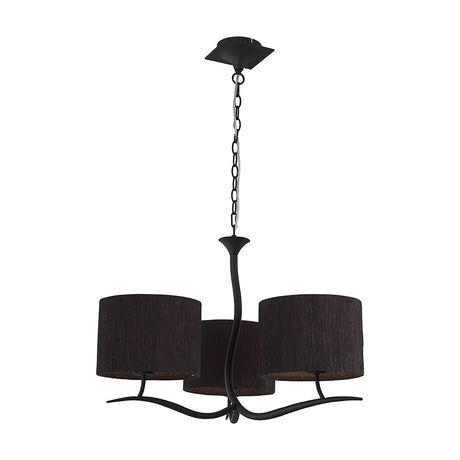 Eve 3 Light E27 Pendant Light 70cm, anthracite frame with three black round fabric shades on a chain suspension, shown on a plain white background.