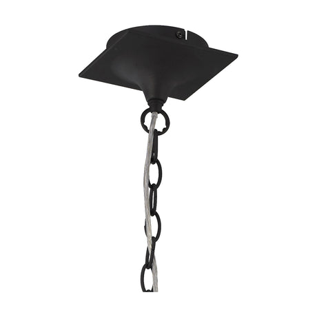 Eve 3 Light E27 Pendant Light close-up showing the black square ceiling canopy, chain links, and twisted grey cable, set against a plain white background.