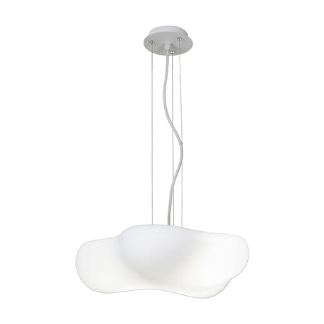 Eos 4 Light E27 Pendant Light in matt white, featuring a cloud-shaped opal white glass shade with adjustable suspension cables on a round ceiling plate, shown on a plain white background.
