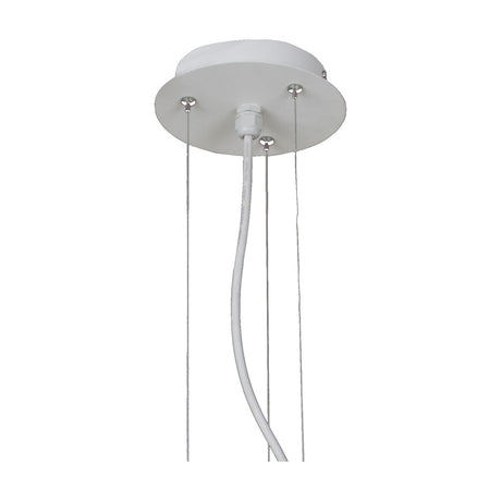 Eos 4 Light E27 pendant light ceiling rose in matt white, showing cable, wires and cord grip suspension against a plain background.
