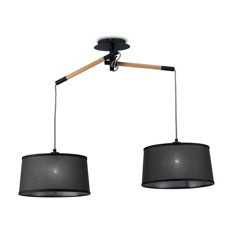 Nordica 2 Light E27 pendant light with matt black metalwork, beech wood arms, and two black fabric drum shades on cords, shown on a white background.