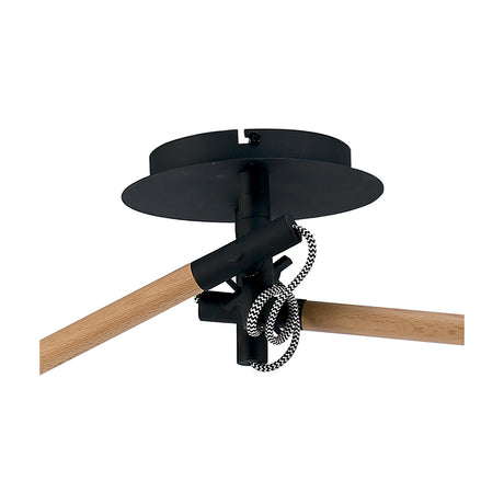 Nordica 2 Light E27 Pendant Light ceiling mount close-up, matt black metalwork with adjustable rod on a beech wood bar, black and white braided cable, plain white background.