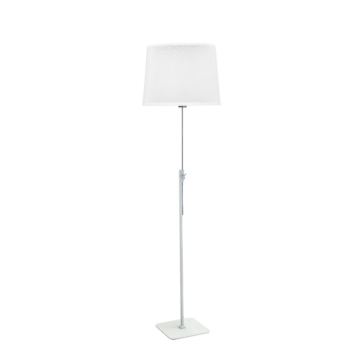 Habana telescopic floor lamp in white and chrome with a square base and adjustable pole, shown with a white shade that is not included.