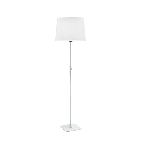 Habana telescopic floor lamp in white and chrome with a square base and adjustable pole, shown with a white shade that is not included.