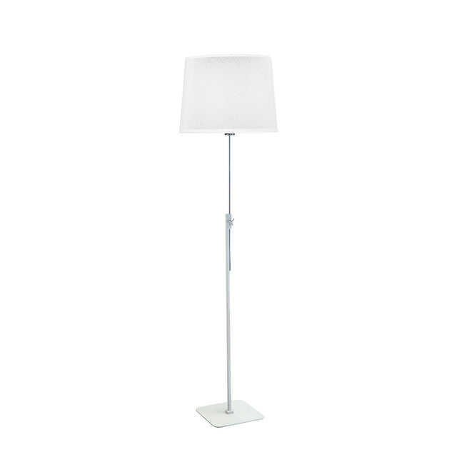 Habana telescopic floor lamp in white and chrome with a square base and adjustable pole, shown with a white shade that is not included.