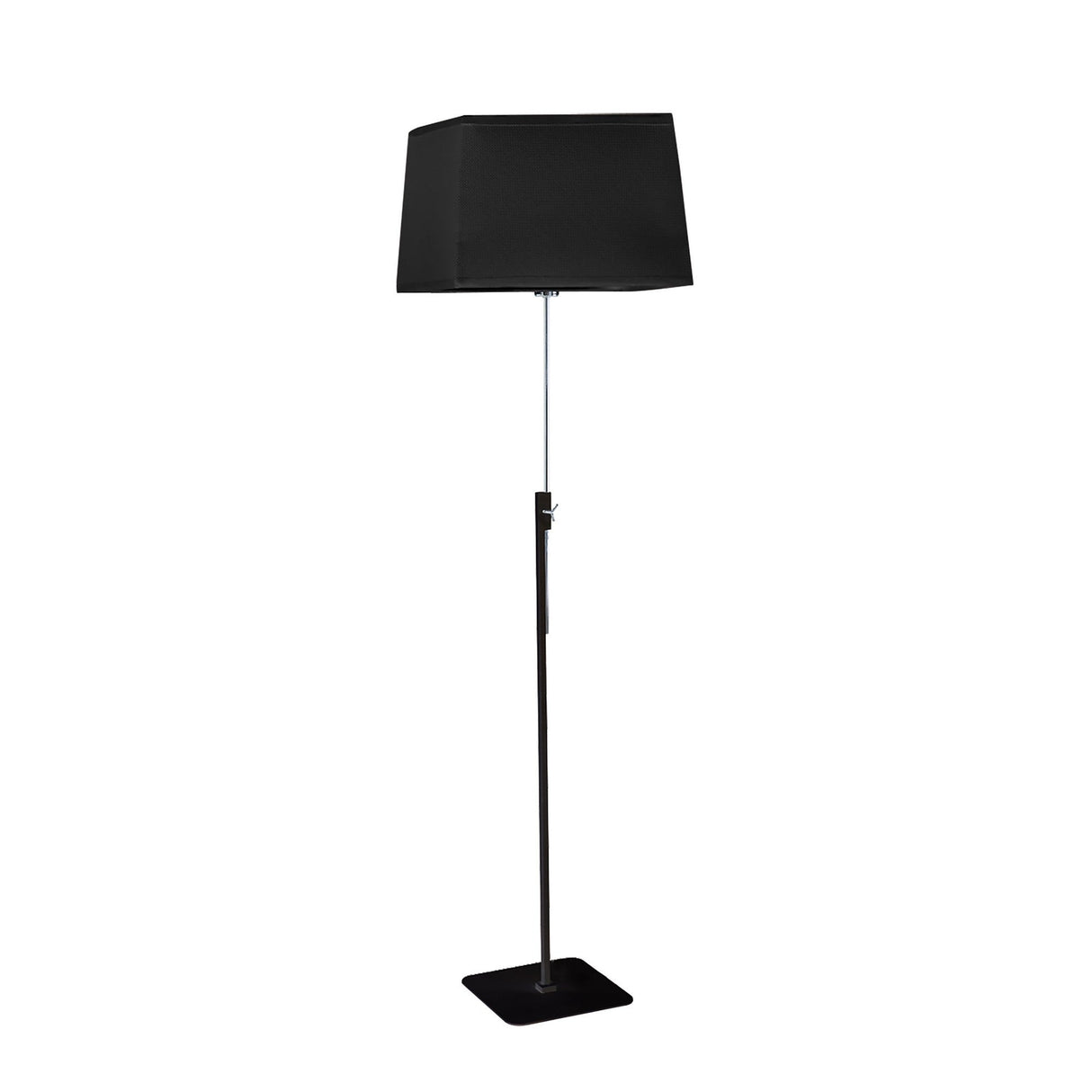 Habana telescopic floor lamp in black and chrome with a square base and adjustable pole, shown with a black shade that is not included.