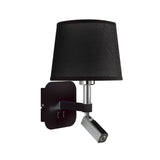 Habana LED wall reading light with a matt black backplate and polished chrome adjustable reading arm, shown with a black tapered shade that is not included.