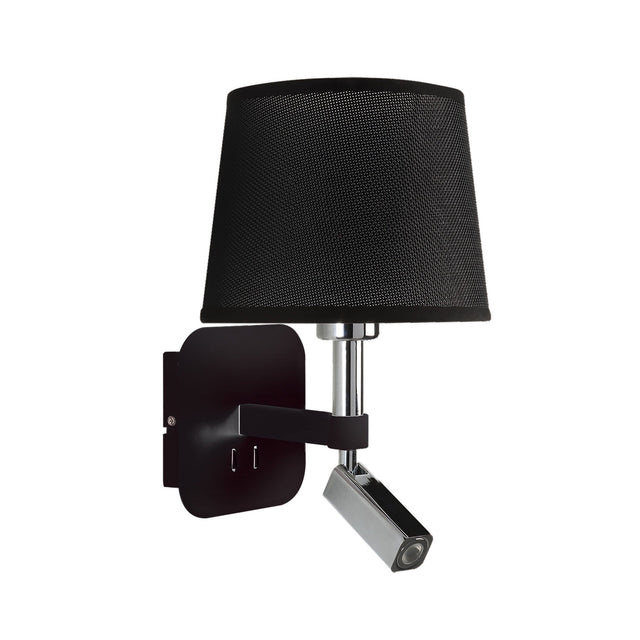 Habana LED wall reading light with a matt black backplate and polished chrome adjustable reading arm, shown with a black tapered shade that is not included.