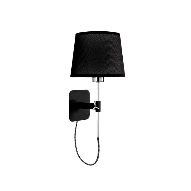 Habana telescopic wall light with a matt black square backplate and polished chrome adjustable rod, shown with a black tapered shade that is not included.