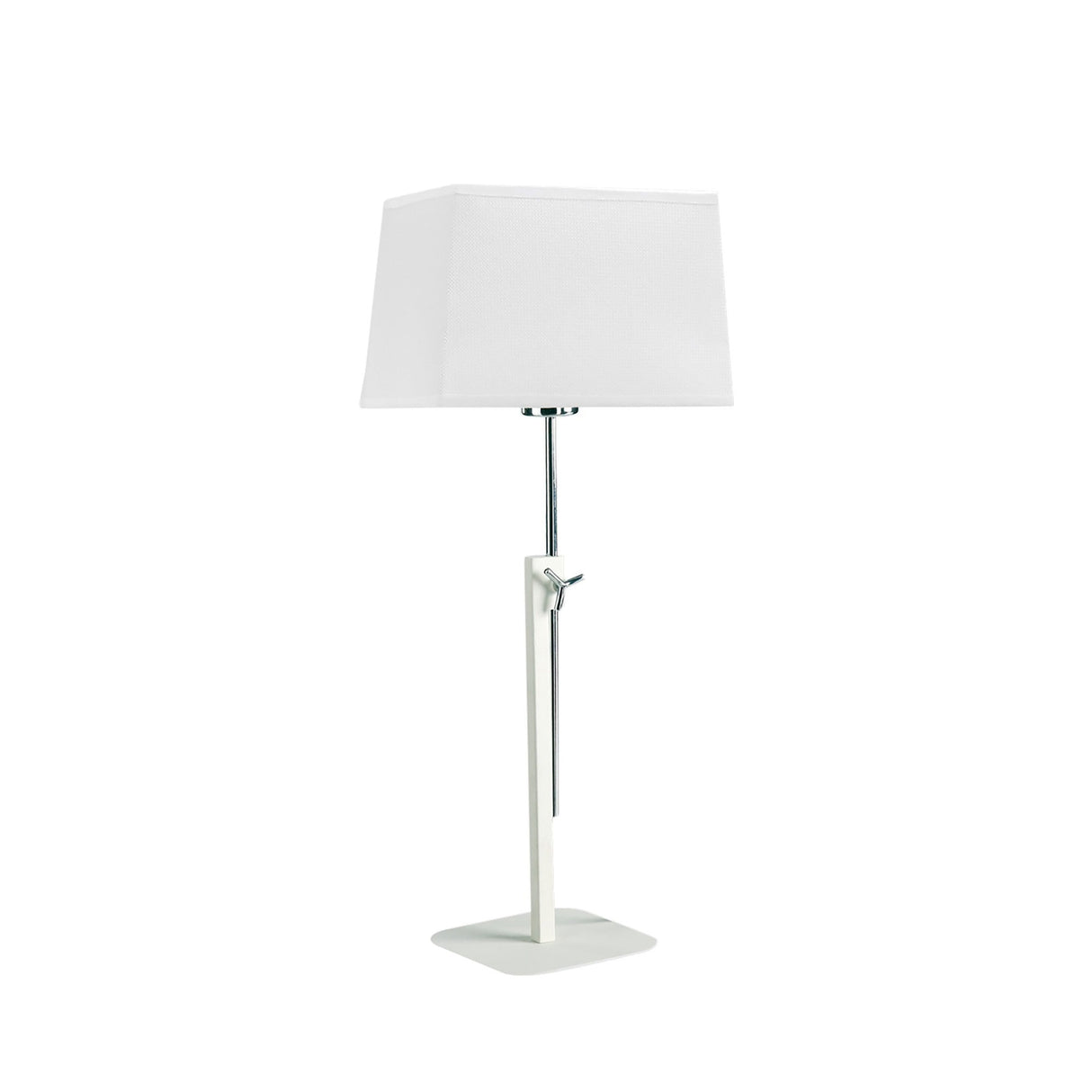 Habana telescopic table lamp in matt white and polished chrome with a square base and adjustable stem, shown with a white shade that is not included.