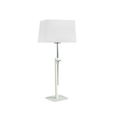 Habana telescopic table lamp in matt white and polished chrome with a square base and adjustable stem, shown with a white shade that is not included.