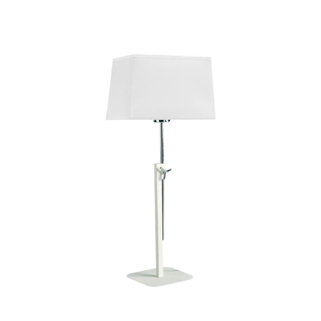 Habana telescopic table lamp in matt white and polished chrome with a square base and adjustable stem, shown with a white shade that is not included.