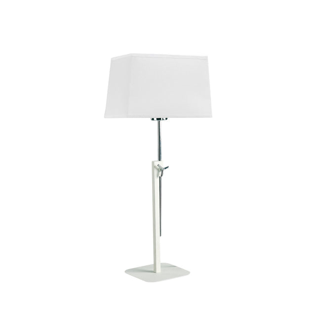 Habana telescopic table lamp in matt white and polished chrome with a square base and adjustable stem, shown with a white shade that is not included.