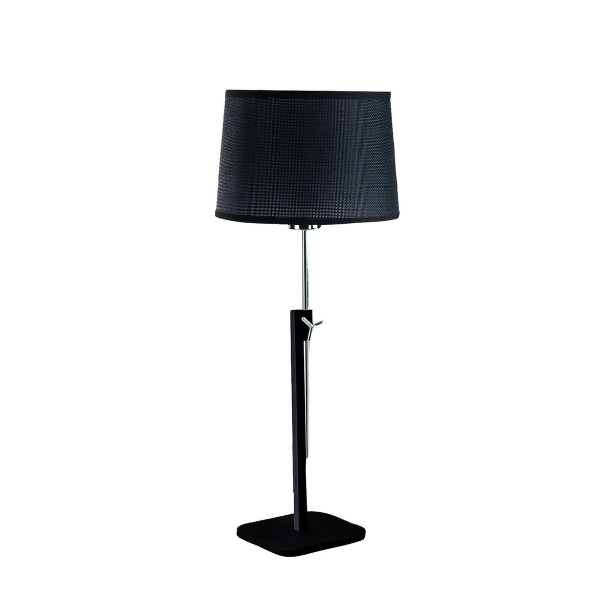 Habana telescopic table lamp in black and chrome with a square base and adjustable stem, shown with a black shade that is not included.