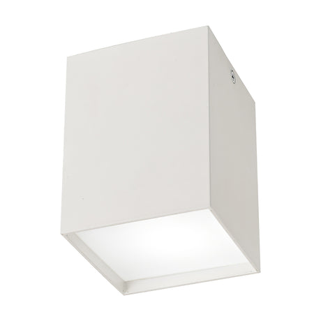 Kailua Square Flush Ceiling Light 90mm in matt white aluminium with a cube-shaped body and opal white diffuser panel, shown on a plain white background.