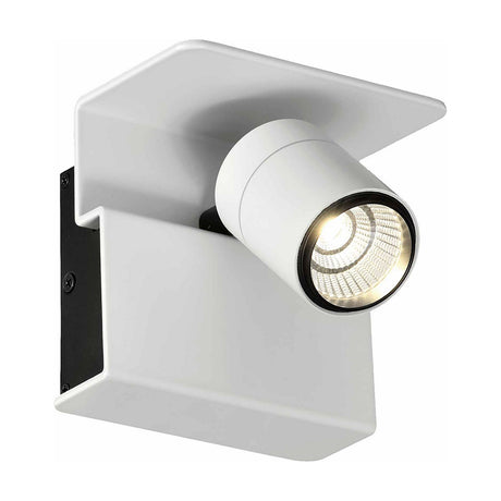 Bocaray Spot Wall Light in matt white, an adjustable single-head LED spotlight with an angular rectangular backplate and cylindrical head, shown on a plain white background.