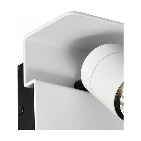 Close-up of the Bocaray Spot Wall Light in matt white, showing the rectangular ceiling-style bracket, black mounting plate with screws, and adjustable cylindrical LED spot head.