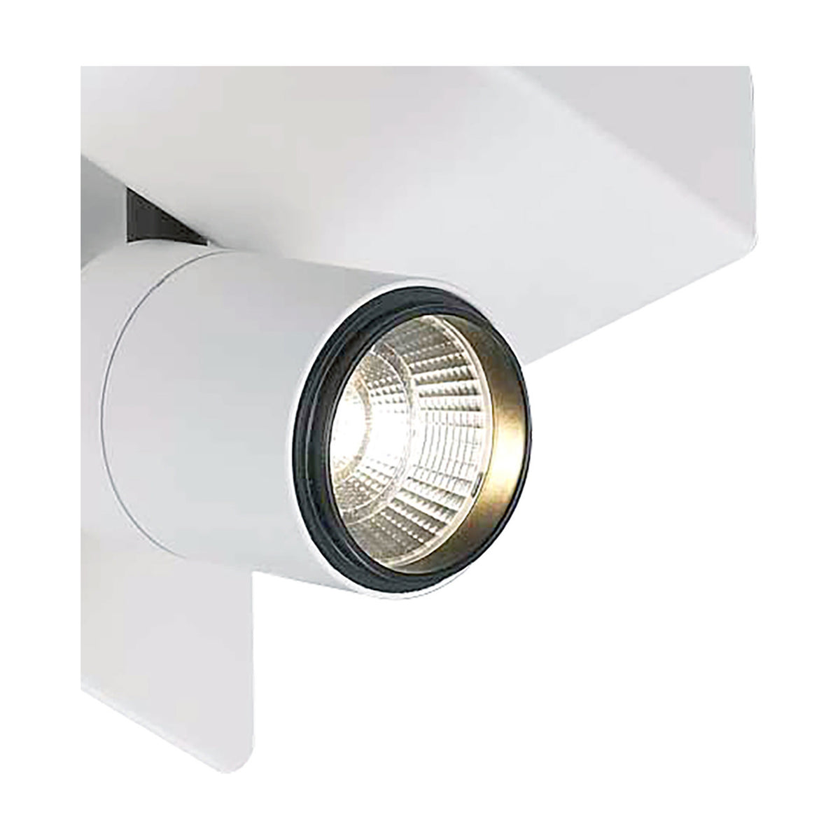 Close-up of the Bocaray Spot Wall Light, a matt white cylindrical fixture with a black-ringed round lens showing an illuminated integrated 7W LED, 4000K, against a plain white background.