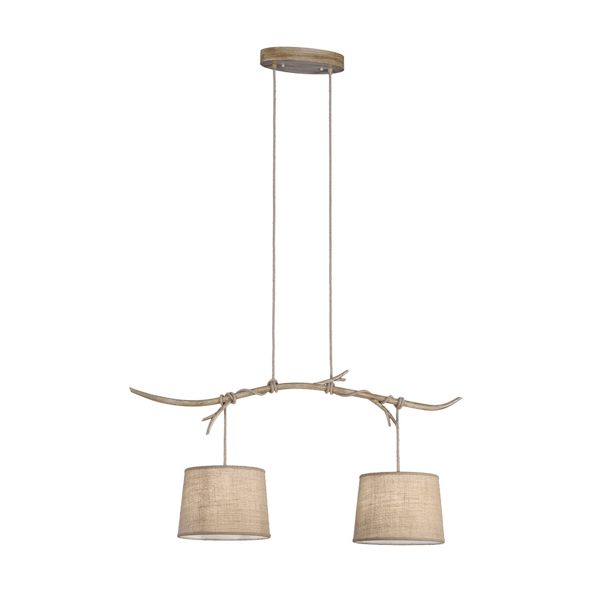 Sabina 2 Light E27 pendant light with a 1.12m imitation wood bar and two beige linen drum shades, hung from a matching wood ceiling rose on a white background.