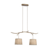 Sabina 2 Light E27 pendant light with a 1.12m imitation wood bar and two beige linen drum shades, hung from a matching wood ceiling rose on a white background.