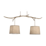 Sabina 2 Light E27 Pendant Light with a curved imitation wood bar and two rope-hung beige linen drum shades, shown on a plain white background.