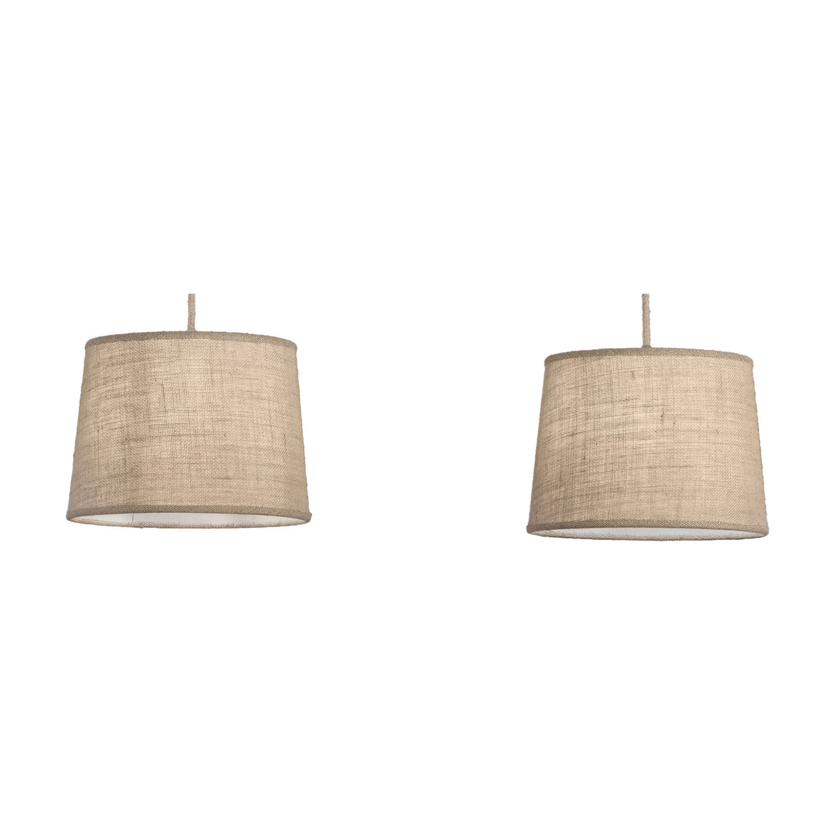 Sabina 2 Light E27 pendant light with two beige linen drum shades on a slim imitation wood horizontal bar, 1.12m drop, shown on a plain white background.