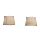 Sabina 2 Light E27 pendant light with two beige linen drum shades on a slim imitation wood horizontal bar, 1.12m drop, shown on a plain white background.