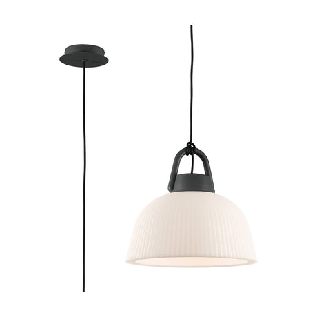 Kinke E27 pendant light with a 37cm ribbed white dome shade, anthracite ceiling rose and hook detail, shown with matching flex on a plain white background.