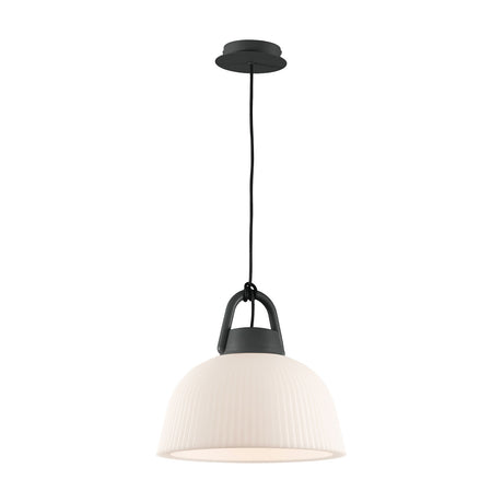 Kinke E27 pendant light in anthracite, 37cm ribbed dome shade with white interior, hung from a slim black cord and ceiling rose on a plain white background.