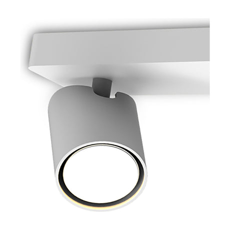 Close-up of one cylindrical matt white spotlight head from the Sal 3 Light GU10 Linear Spotlight, mounted on a slim rectangular ceiling bar against a plain white background.