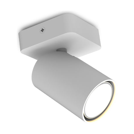 Sal GU10 Spotlight 80mm Long in matt white, a compact adjustable cylindrical ceiling spotlight with square mounting plate and visible fixing screw, shown on a plain white background.