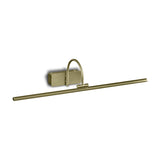 Paracuru 12W picture wall light in antique brass, slim horizontal bar with square wall mount and curved arm, shown on a plain white background.