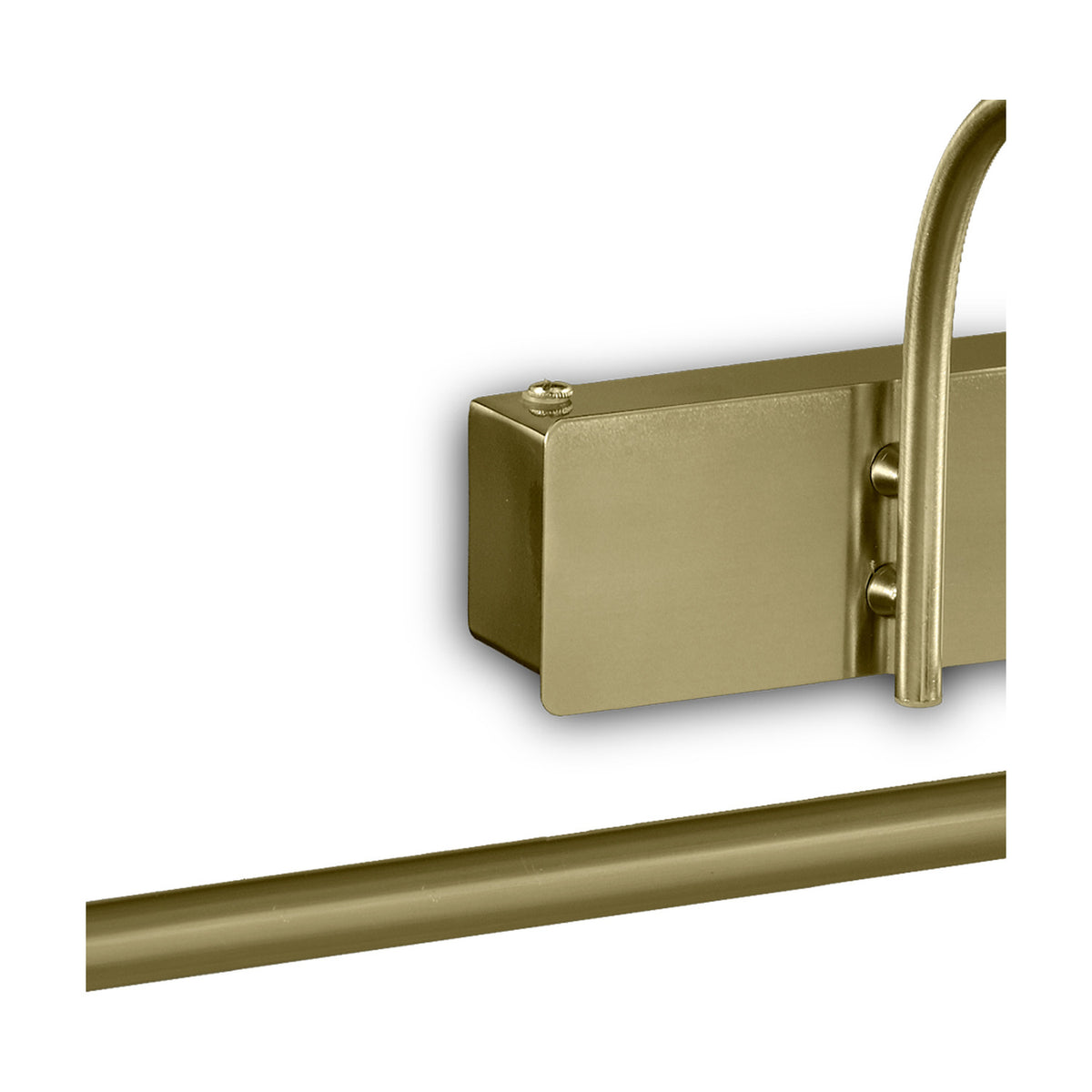 Close-up of the Paracuru 12W wall light in antique brass, showing the square mounting block with fixing screws, curved arm, and slim bar section against a plain white background.