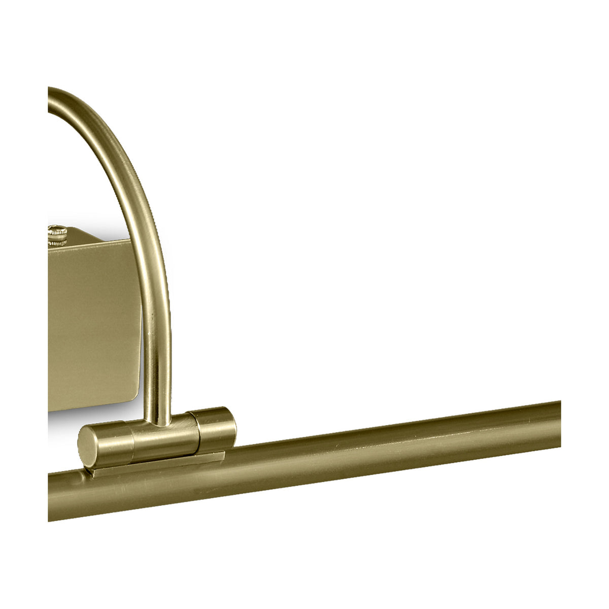Close-up of the Paracuru wall light's antique brass arm and adjustable joint connecting to the slim bar shade, shown on a plain white background.