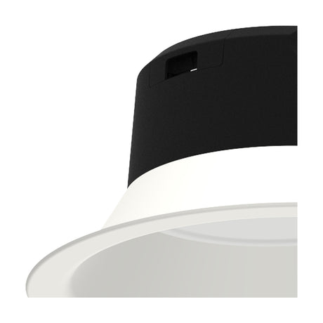 Close-up of the Medano 21W LED downlight showing the black driver housing above a round white polycarbonate trim, on a plain background.
