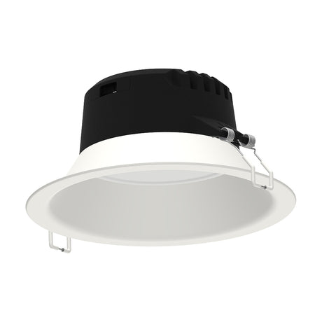Medano 12W LED downlight with round white recessed housing, black driver unit, and metal mounting clips, shown on a plain white background.