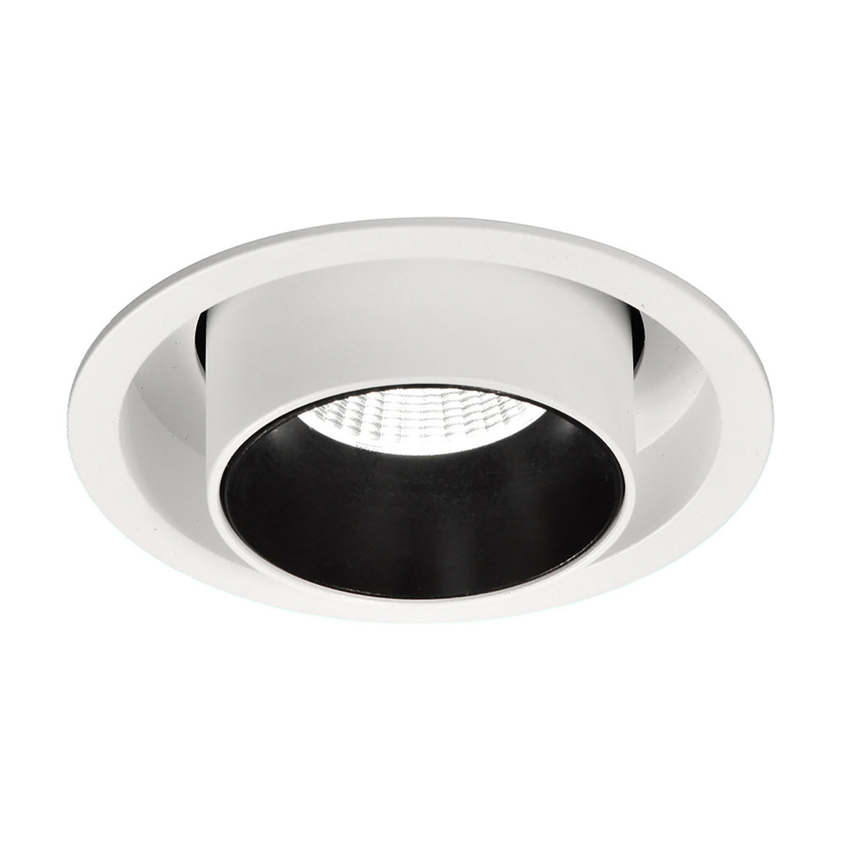 Garda Recessed Downlight with 75mm cut-out, round matt white trim and adjustable swivel head with black interior, shown on a plain white background.
