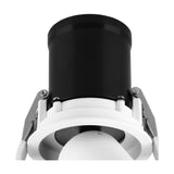 Garda Recessed Downlight, 75mm cut-out, close-up of the adjustable black cylindrical head within a matt white trim, showing hinge brackets and swivel mechanism on a white background.