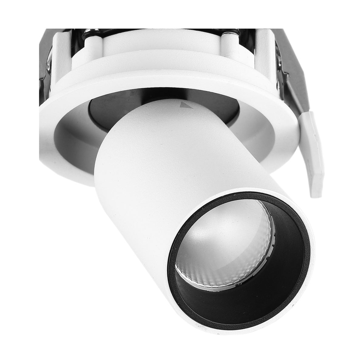 Close-up of the Garda Recessed Downlight's adjustable head extended from its round matt white housing, showing the black interior aperture, on a plain white background.
