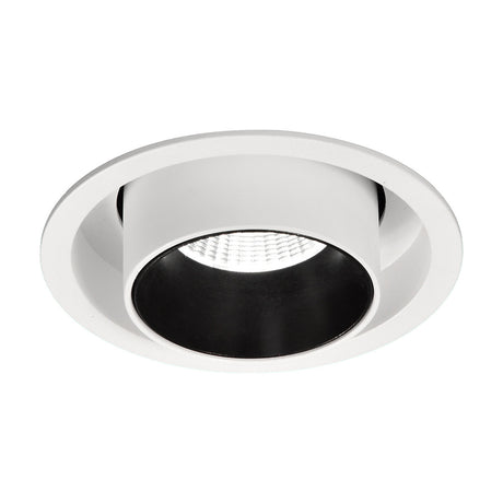 Garda Recessed Downlight with 95mm cut-out, round matt white trim and adjustable black inner head, integrated 12W LED at 4000K cool white, shown on a plain background.