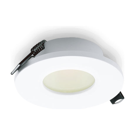 Atlantis Downlight with a round matt white trim and 58mm cut-out, shown recessed with GU10 lampholder and spring clips, on a plain white background.